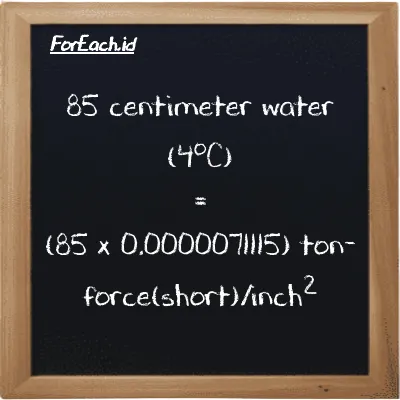 How to convert centimeter water (4<sup>o</sup>C) to ton-force(short)/inch<sup>2</sup>: 85 centimeter water (4<sup>o</sup>C) (cmH2O) is equivalent to 85 times 0.0000071115 ton-force(short)/inch<sup>2</sup> (tf/in<sup>2</sup>)